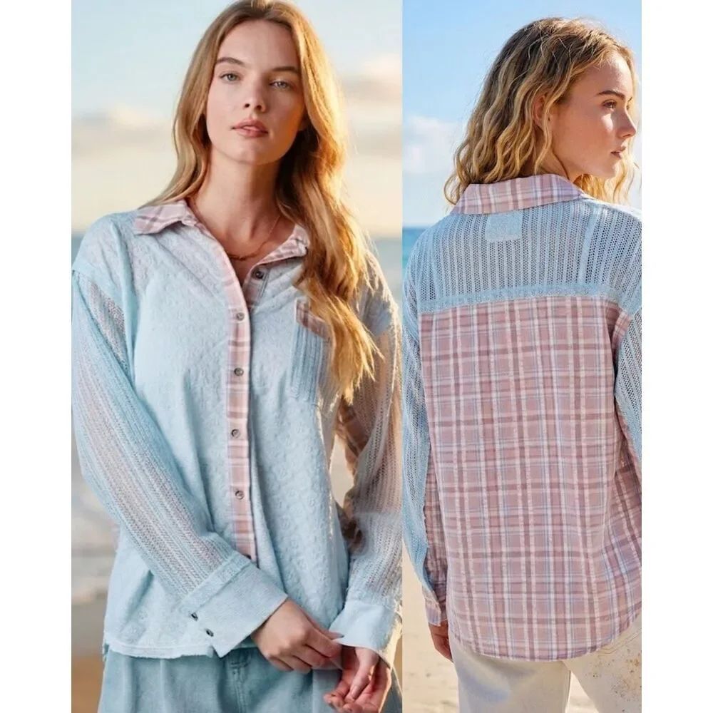 Fantastic Fawn Seaside Coral Plaid Lace Long Sleeve Button Down